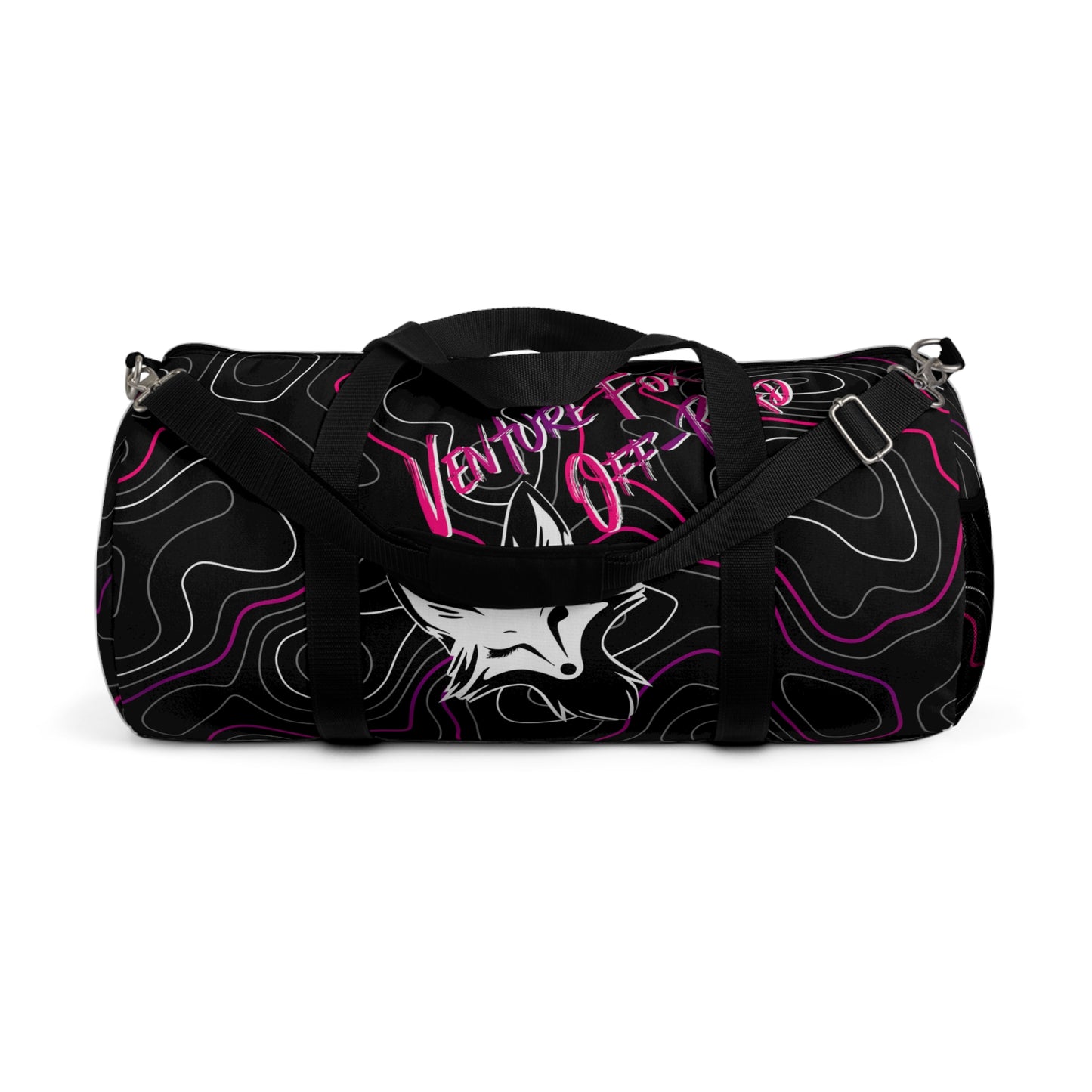 Venture Fox Off Road Duffel Bag, Gym Bag with Winking Fox, Pink and Purple Topographic Pattern, Travel Bag, Overnight Bag, Weekend Bag,