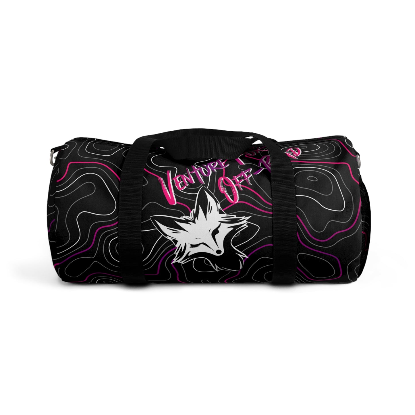 Venture Fox Off Road Duffel Bag, Gym Bag with Winking Fox, Pink and Purple Topographic Pattern, Travel Bag, Overnight Bag, Weekend Bag,
