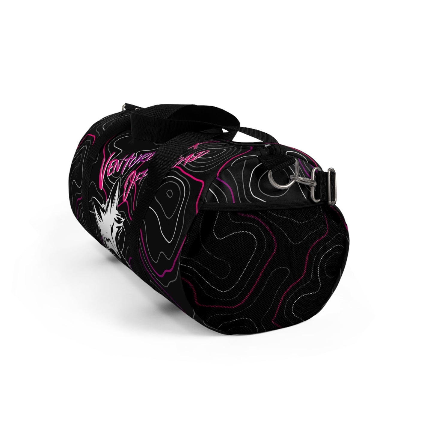 Venture Fox Off Road Duffel Bag, Gym Bag with Winking Fox, Pink and Purple Topographic Pattern, Travel Bag, Overnight Bag, Weekend Bag,