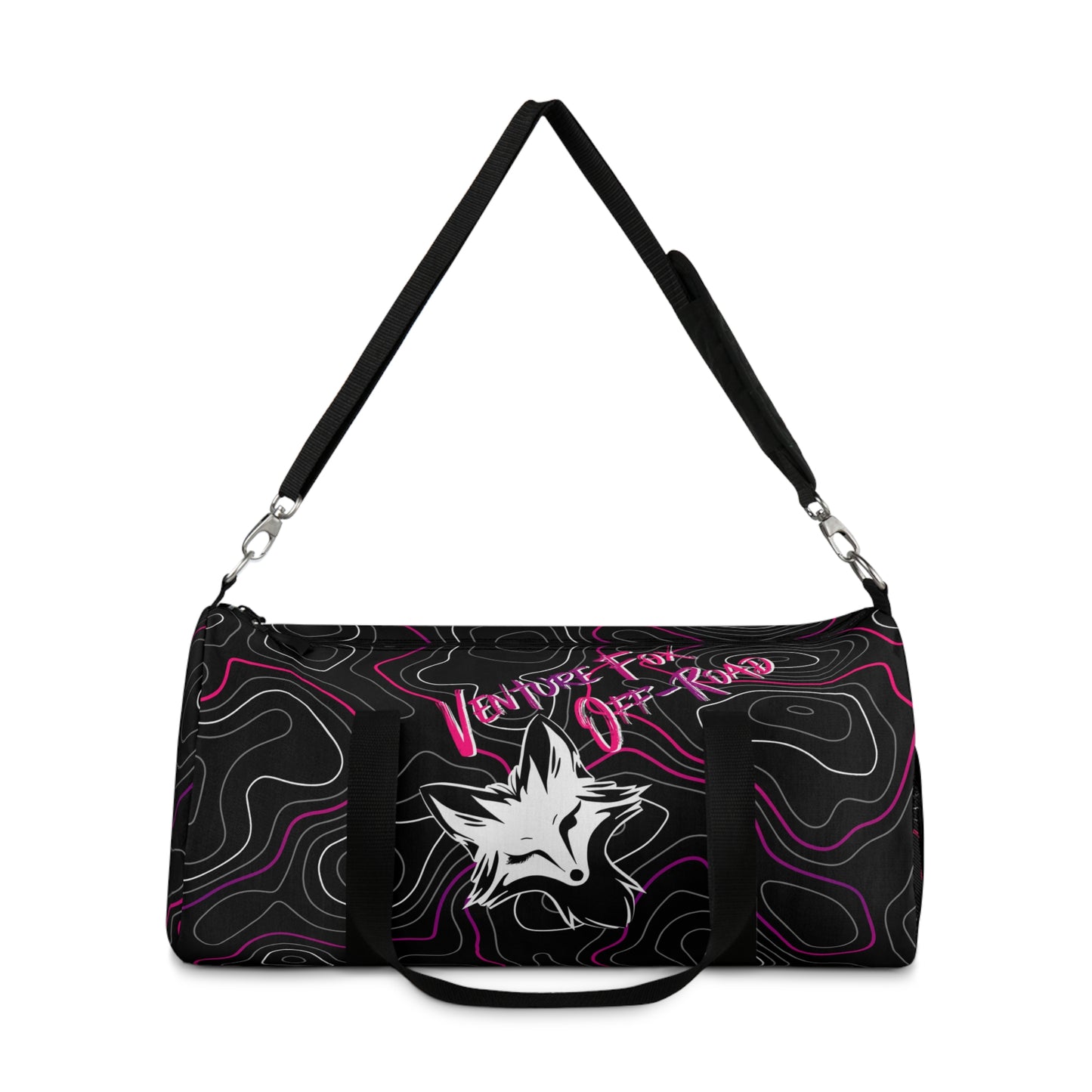 Venture Fox Off Road Duffel Bag, Gym Bag with Winking Fox, Pink and Purple Topographic Pattern, Travel Bag, Overnight Bag, Weekend Bag,