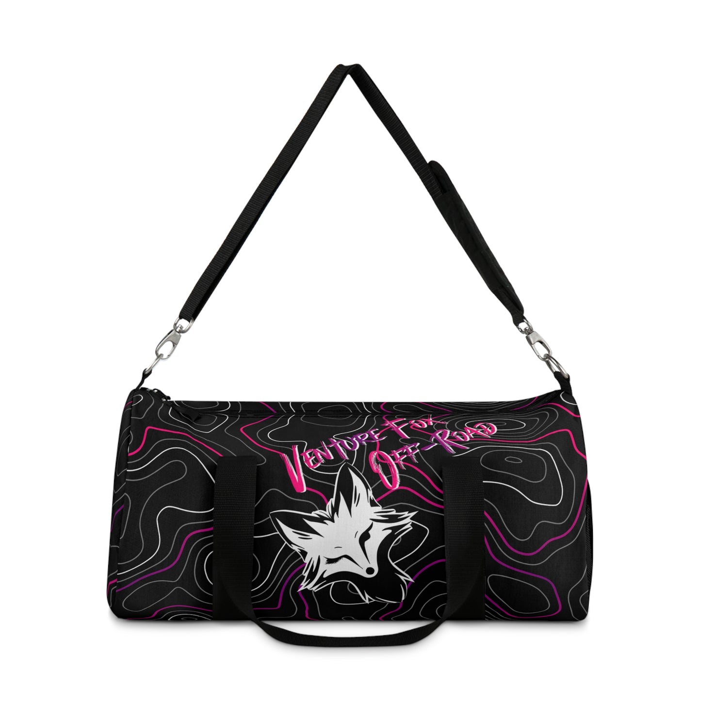 Venture Fox Off Road Duffel Bag, Gym Bag with Winking Fox, Pink and Purple Topographic Pattern, Travel Bag, Overnight Bag, Weekend Bag,