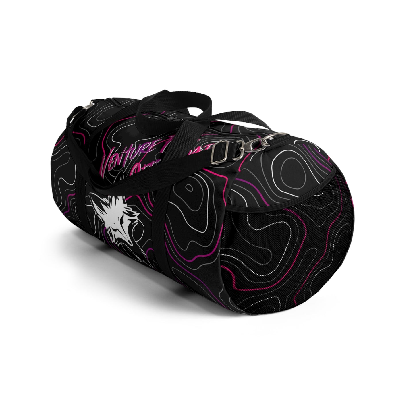 Venture Fox Off Road Duffel Bag, Gym Bag with Winking Fox, Pink and Purple Topographic Pattern, Travel Bag, Overnight Bag, Weekend Bag,