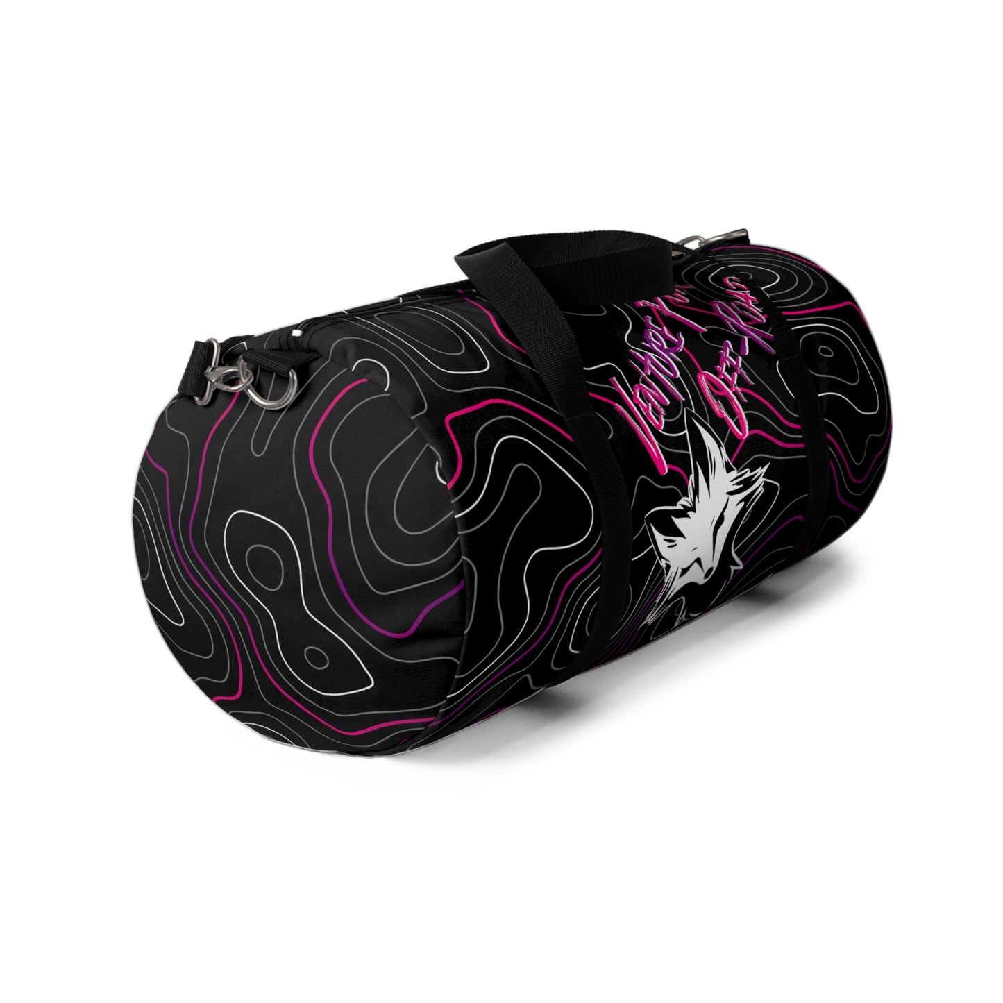 Venture Fox Off Road Duffel Bag, Gym Bag with Winking Fox, Pink and Purple Topographic Pattern, Travel Bag, Overnight Bag, Weekend Bag,